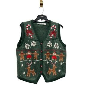 SOLD 80s Victoria Jones L Christmas Sweater Vest Gingerbread Reindeer Candy Cane